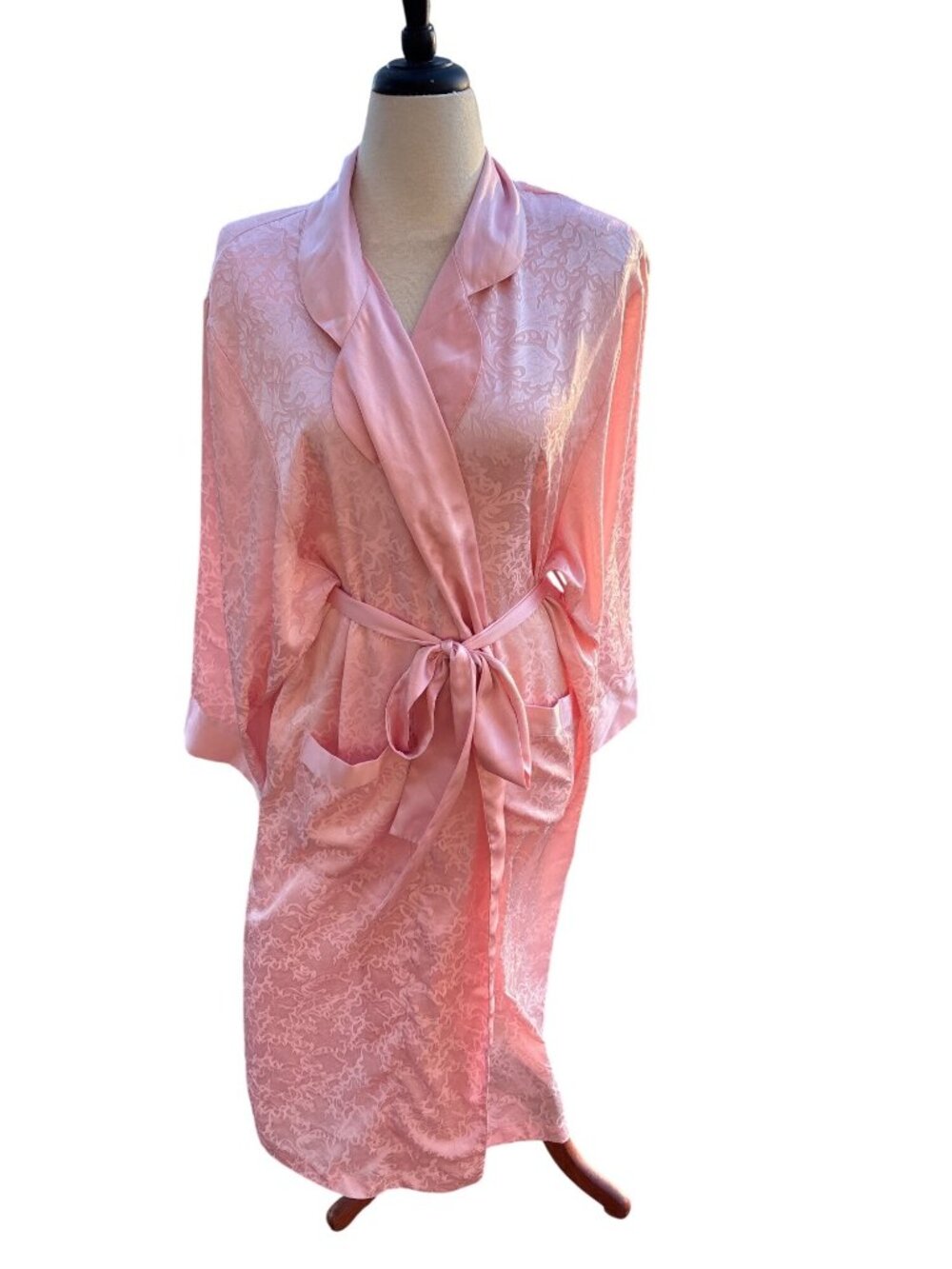 Victoria Secret Gold Label Pink Floral Jacquard Satin Robe Pockets Large Vintage